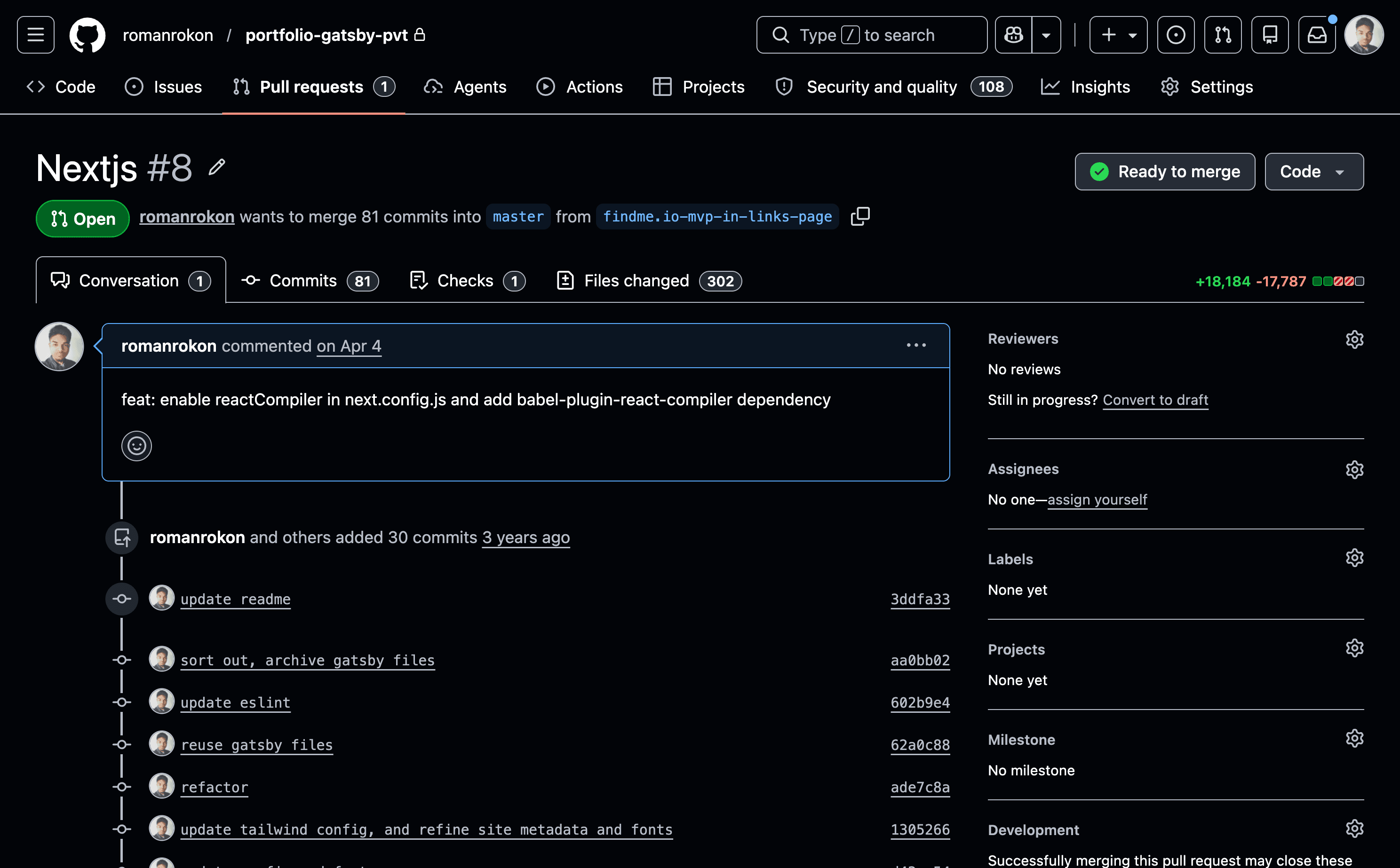 81 commits, 302 files changed, +18,184 / −17,787 — the PR that finally landed.